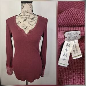Free People Thermal Top Sz Medium Contrast Cuff Ski Lodge Stretch Maroon